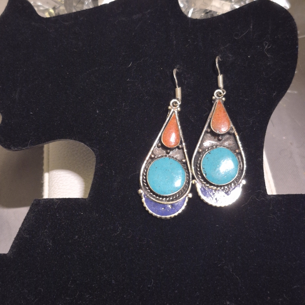 Coral Tibetan  Bohemian 2" Earrings